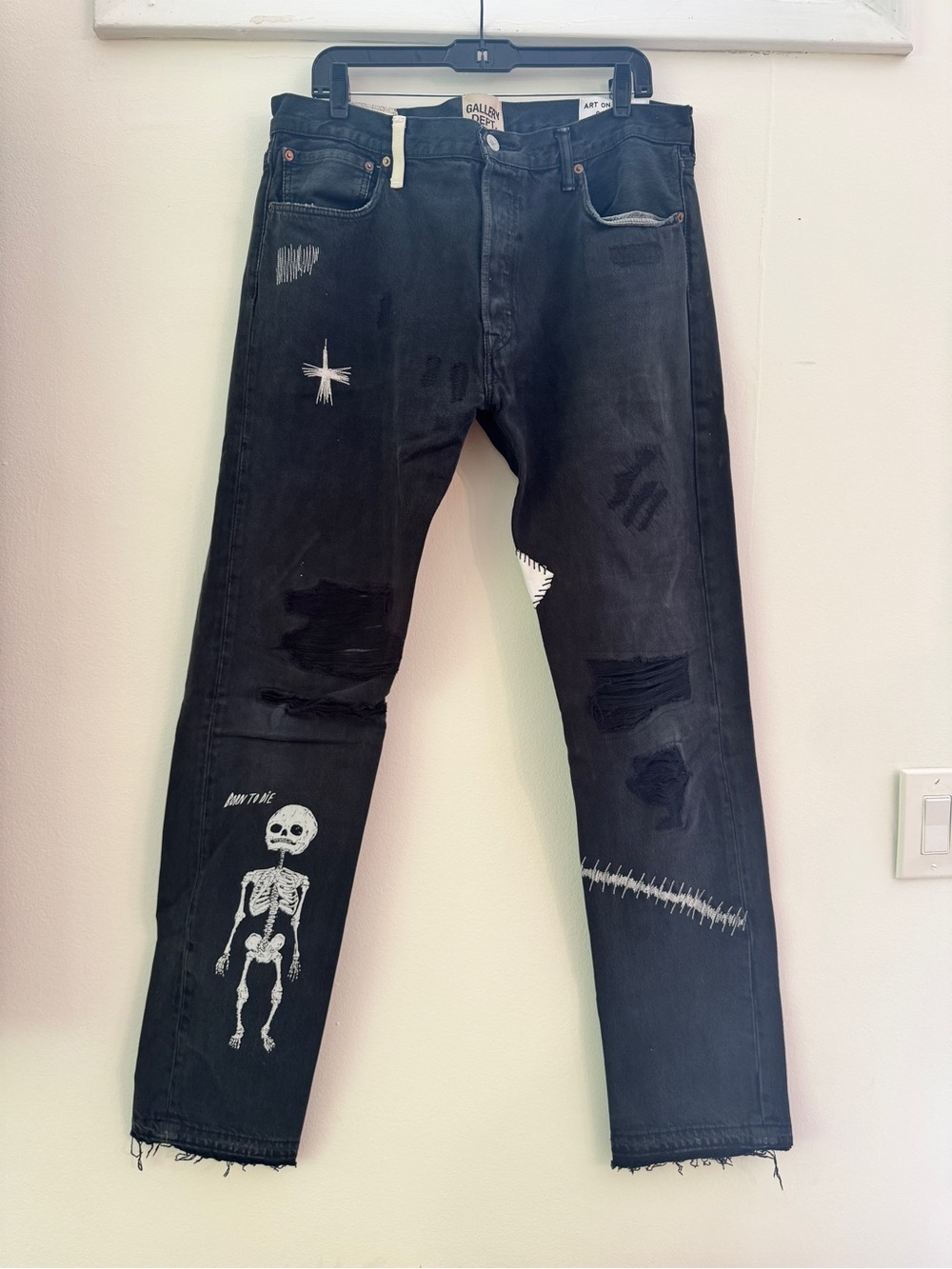 Gallery Dept Black Straight Jeans with White Skeleton Graphic